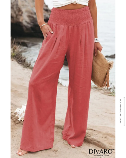 Coral - Pantalones Pierna Ancha Algodón y Lino