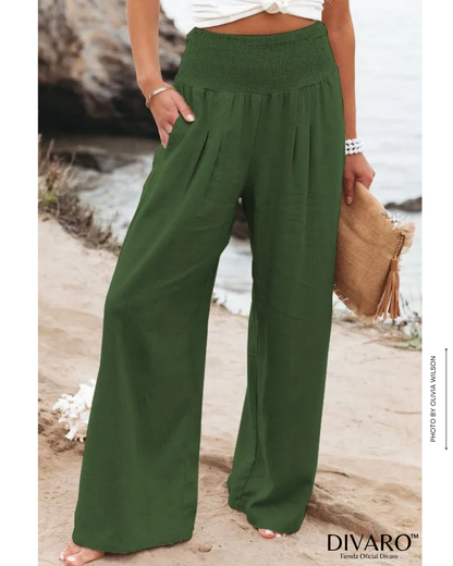 Coral - Pantalones Pierna Ancha Algodón y Lino