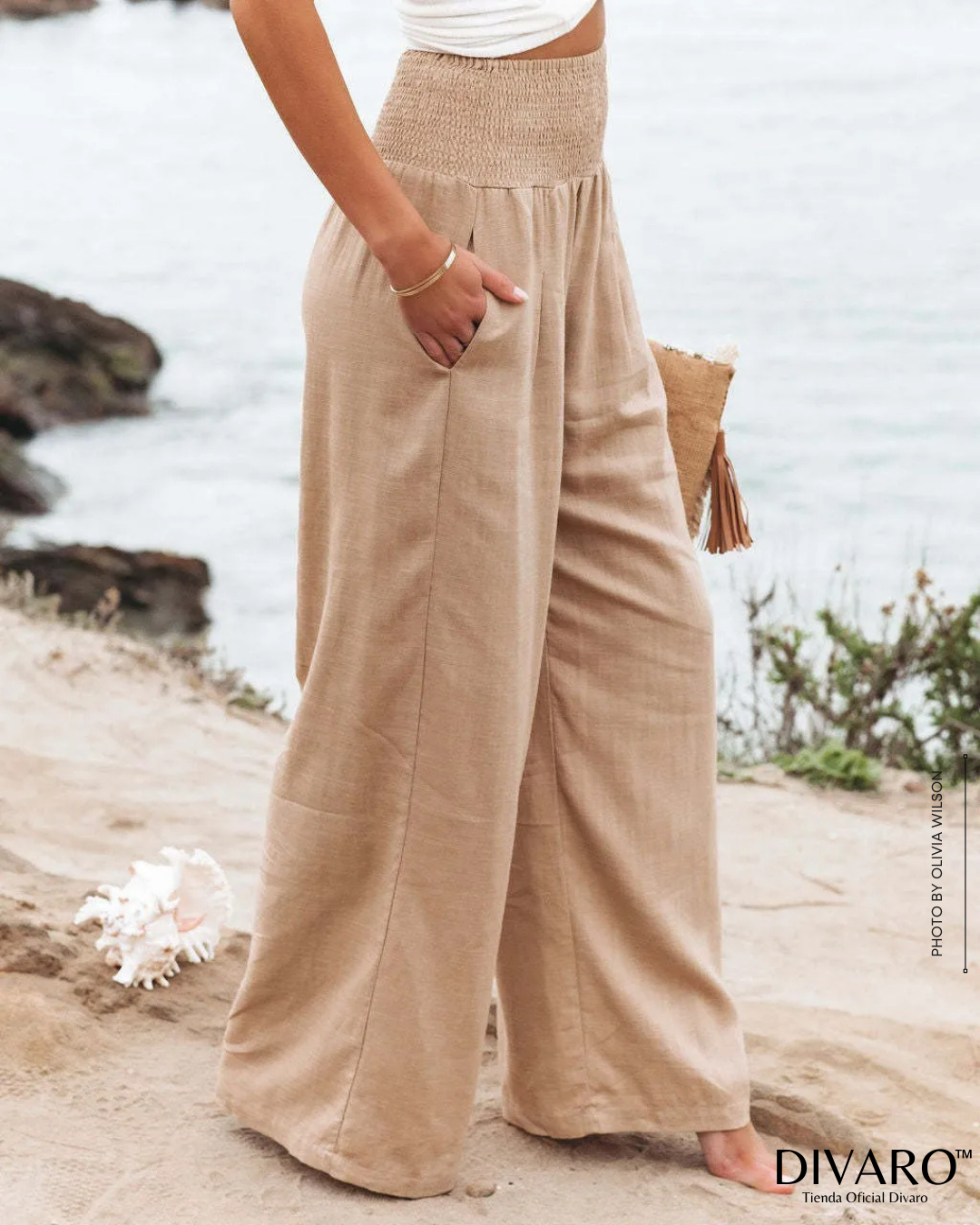 Coral - Pantalones Pierna Ancha Algodón y Lino