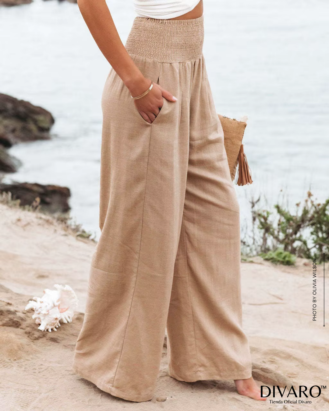 Coral - Pantalones Pierna Ancha Algodón y Lino