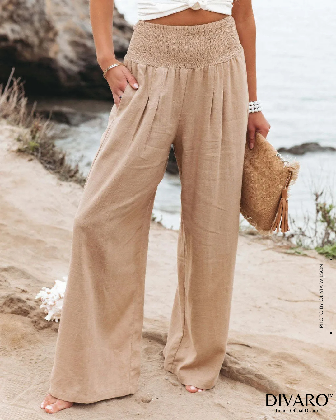 Coral - Pantalones Pierna Ancha Algodón y Lino