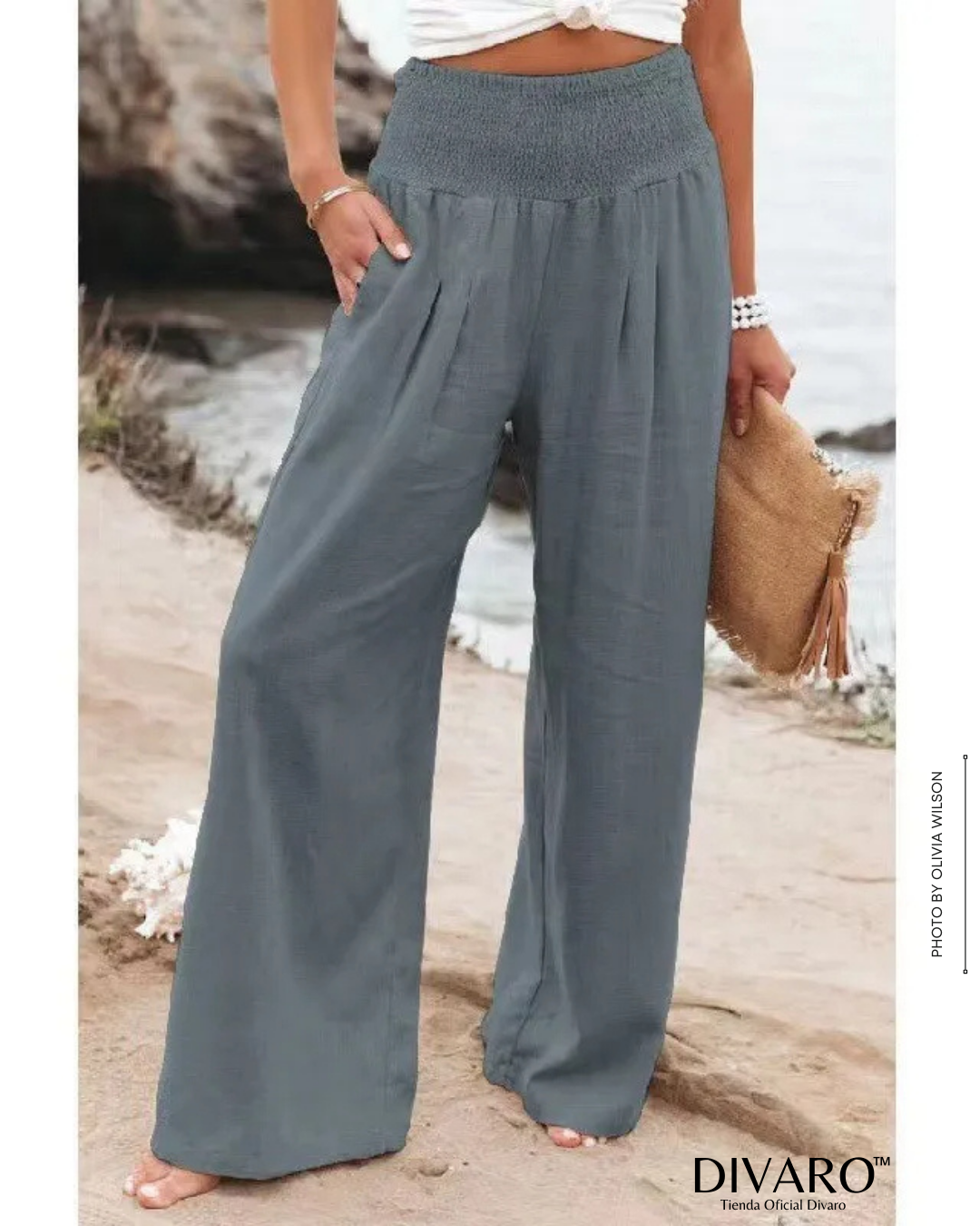 Coral - Pantalones Pierna Ancha Algodón y Lino